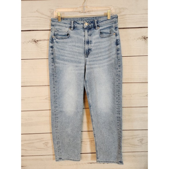 American Eagle Womens Light Blue  Stretch High Rise Mom‎ Straight Jeans Size 8 - Picture 1 of 8